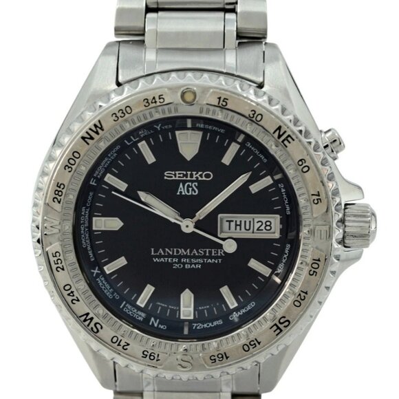 Seiko 41mm Men's Kinetic Landmaster SBBW005 One Piece Case Black Watch - Picture 1 of 9